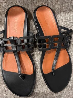 Vionic Black Leather T-Bar Slide Sandals with Tan Footbed